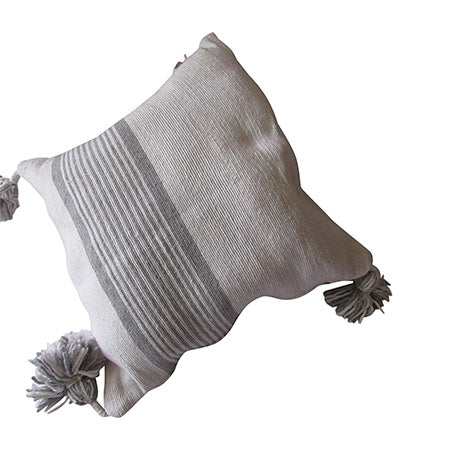 Handwoven Pom Pom Pillow Cover, Cotton Bohemian Throw Pillow Case with Tassels, 18x18 Inches, White with grey stripes - Marrakesh Gardens