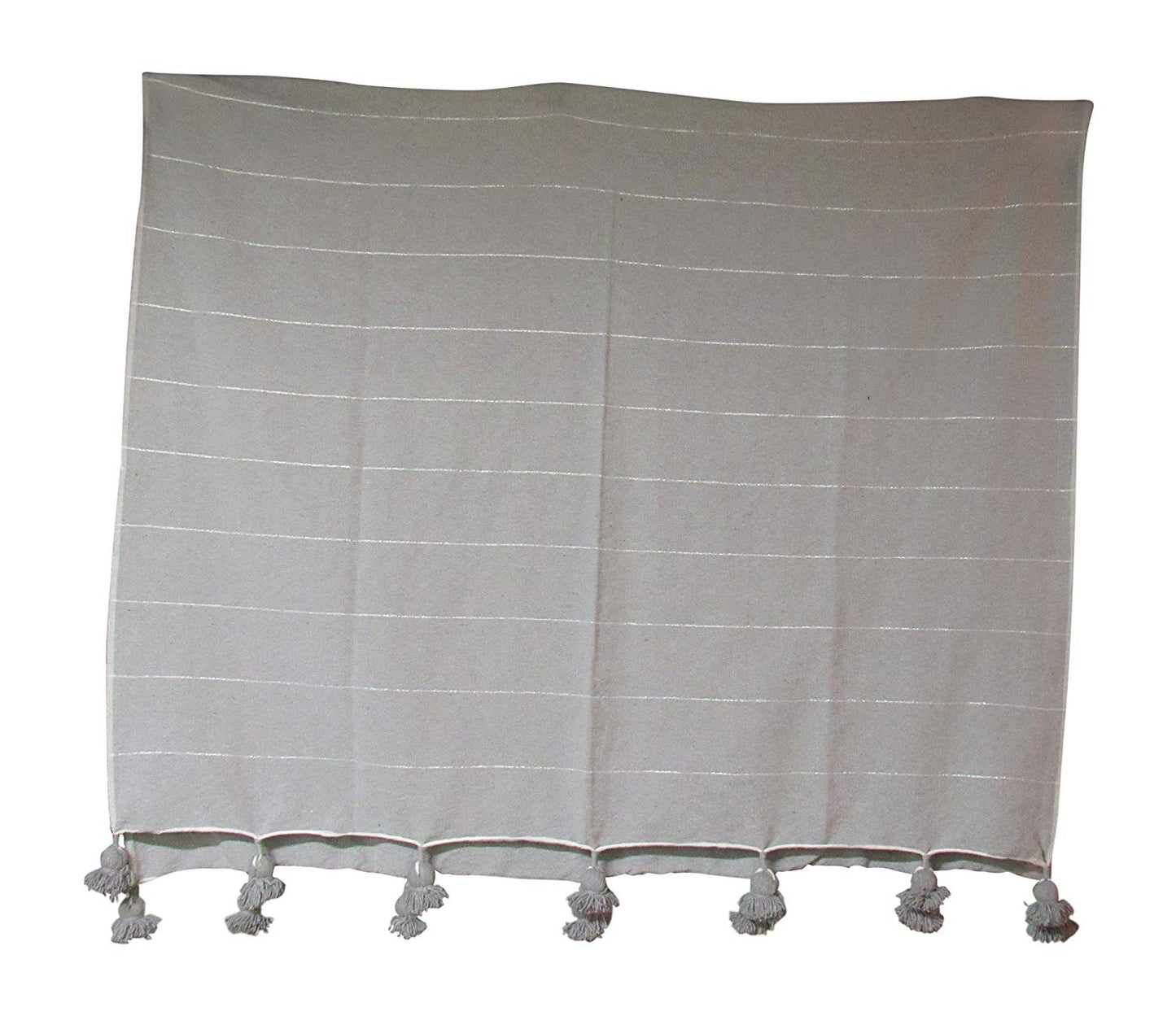 Handcraft Collection Handspun Moroccan Pom Pom Throw Blanket Grey with White Stripes, 100% Berber Wool, Handmade by Skilled Craftspeople, - Marrakesh Gardens