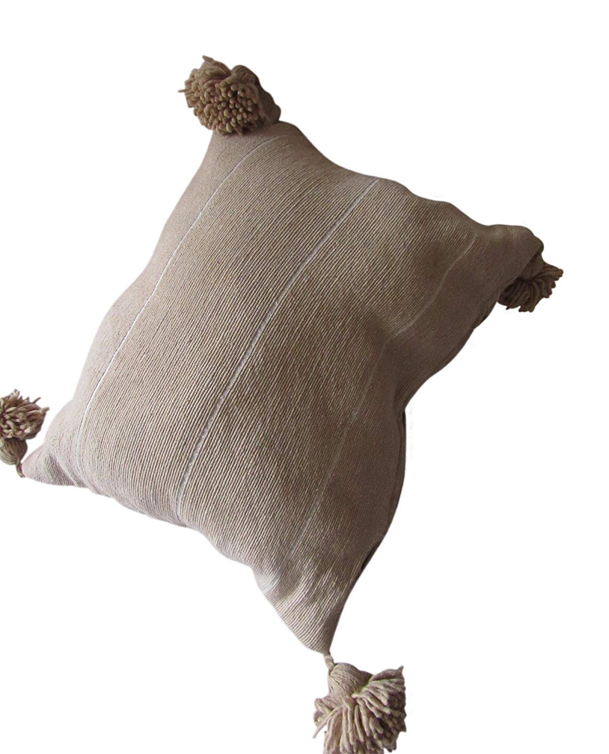 Marrakesh Gardens Authentic Moroccan Handwoven Pom Pom Pillow Cover, Cotton Bohemian Throw Pillow Case with Tassels, 18x18 Inches, Grey - Marrakesh Gardens
