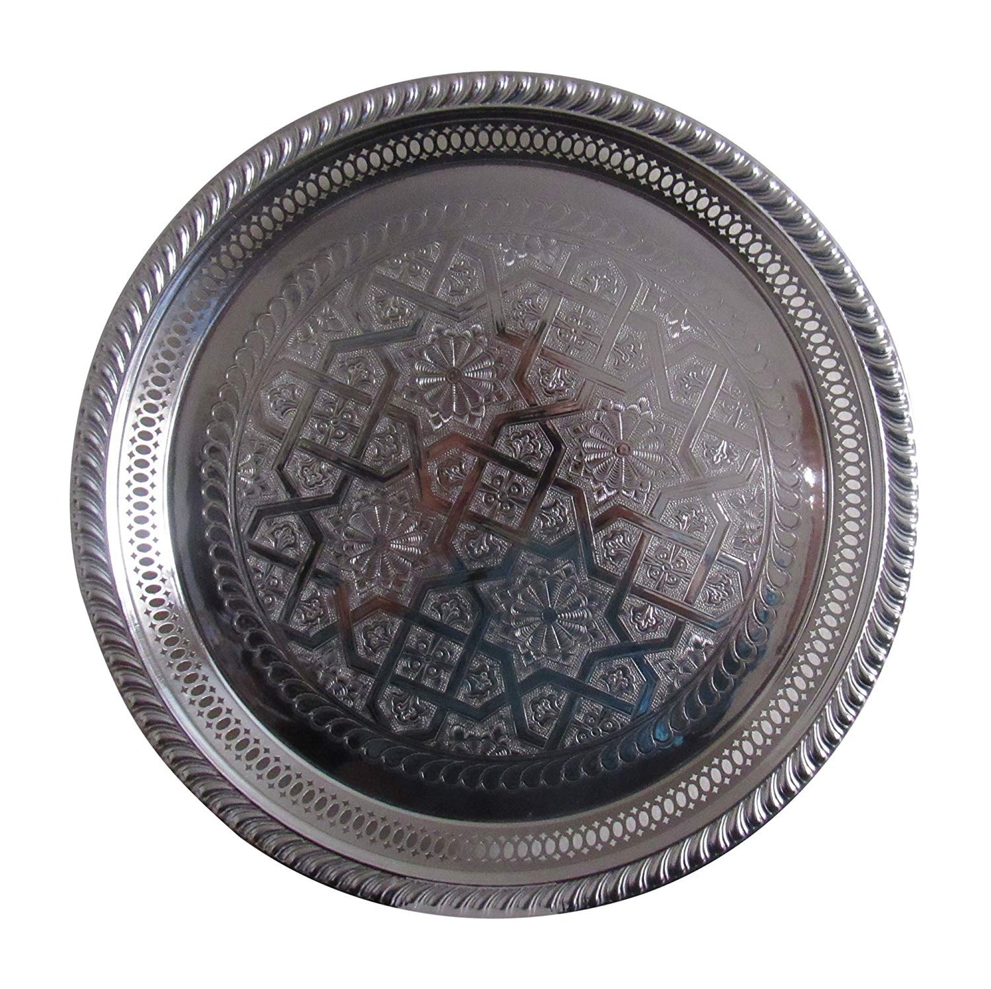 Vintage Styled Handmade Moroccan Silver Plated Engraved Round Tea Tray, 13” Diameter - Marrakesh Gardens