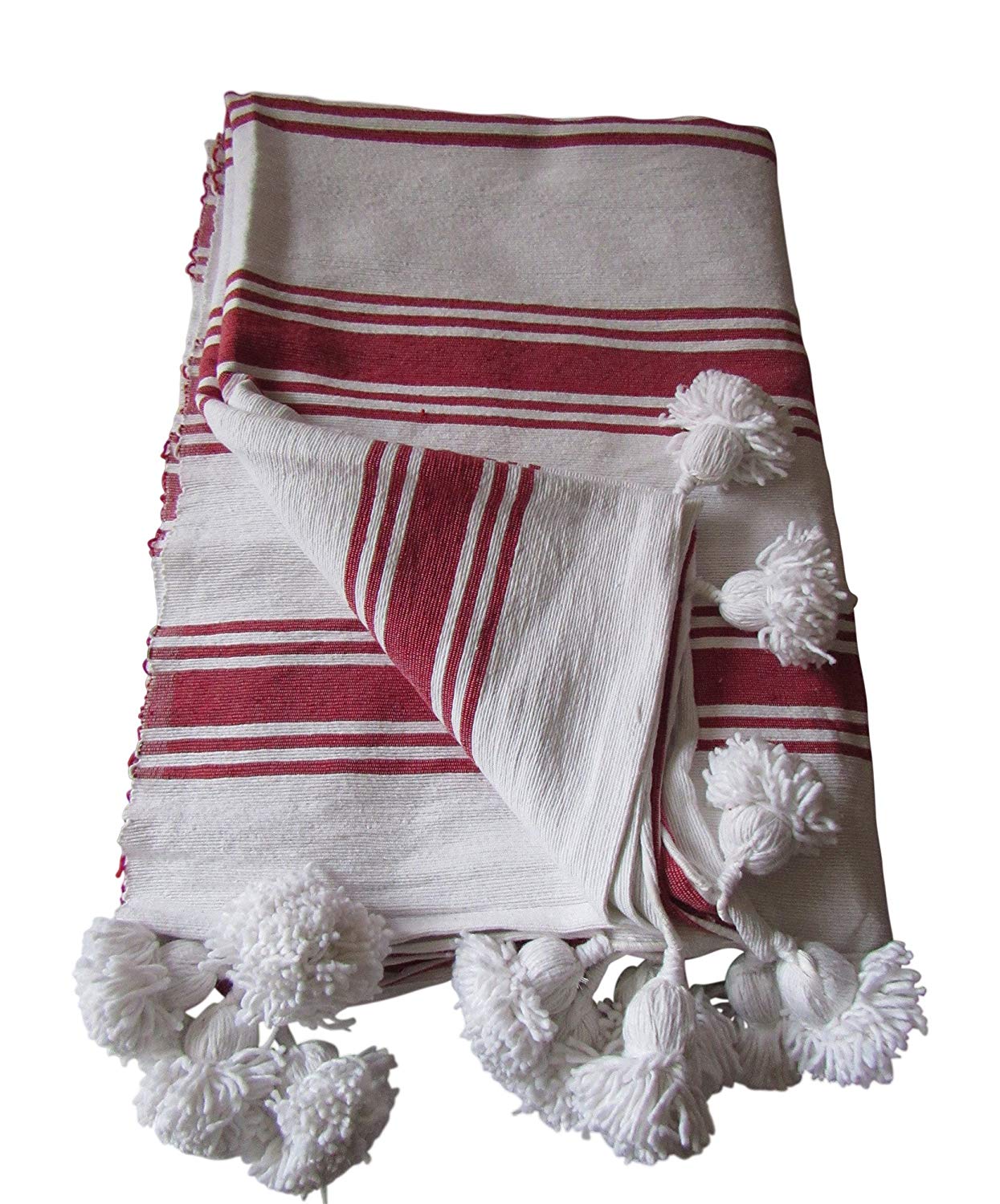 Handcraft Collection Handspun Moroccan Pom Pom Throw Blanket White