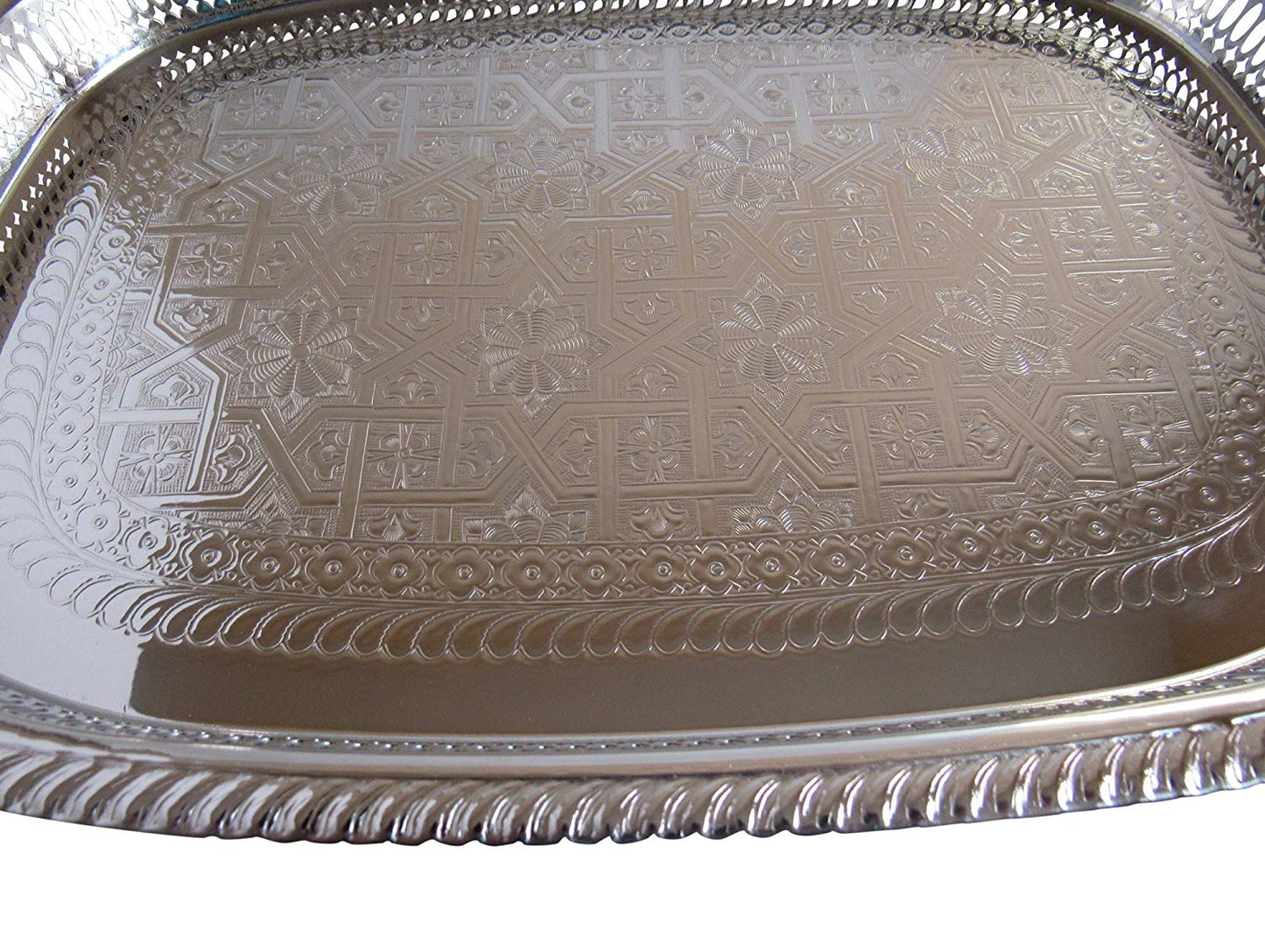 Vintage Styled Handmade Moroccan Silver Plated Rectangle Engraved Tea Tray, Medium 15.4x11.2 Inches - Marrakesh Gardens