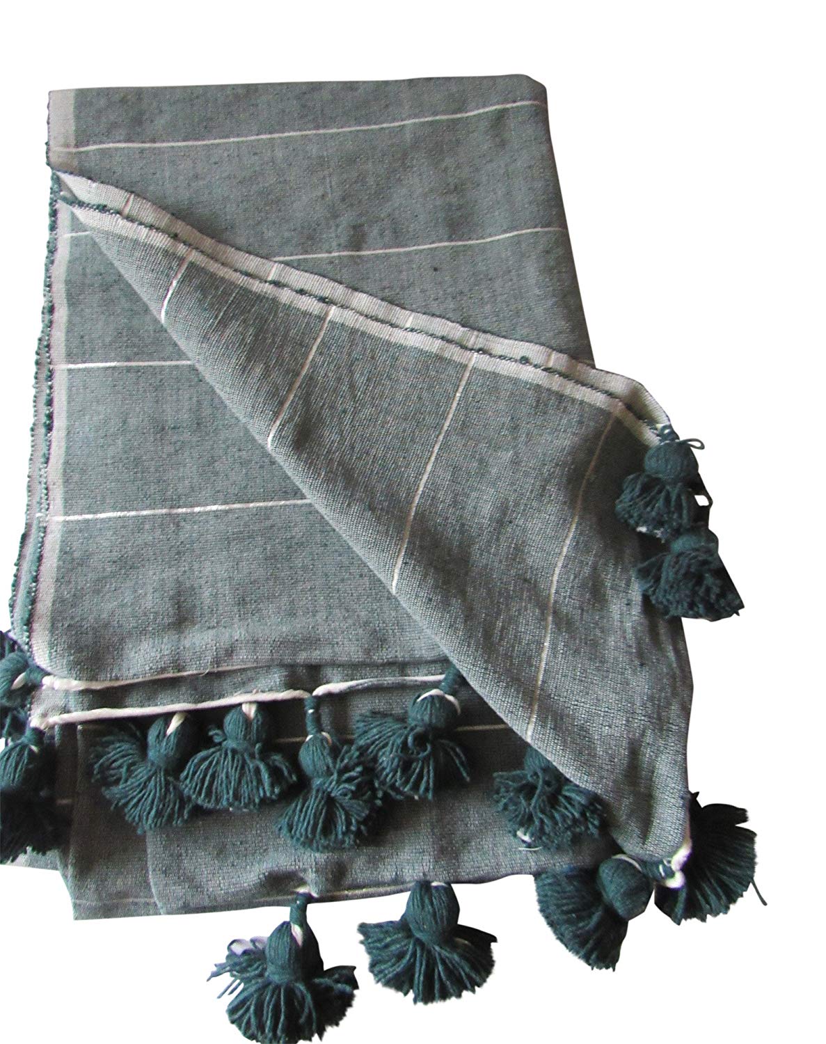 Handcraft Collection Handspun Moroccan Pom Pom Throw Blanket Grey with White Stripes, 100% Berber Wool, Handmade by Skilled Craftspeople, - Marrakesh Gardens