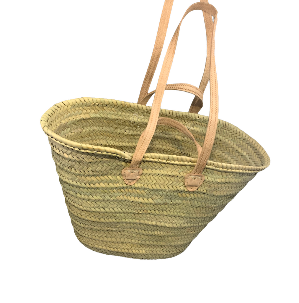 Wholesale French Market Basket with leather straps, Moroccan Straw