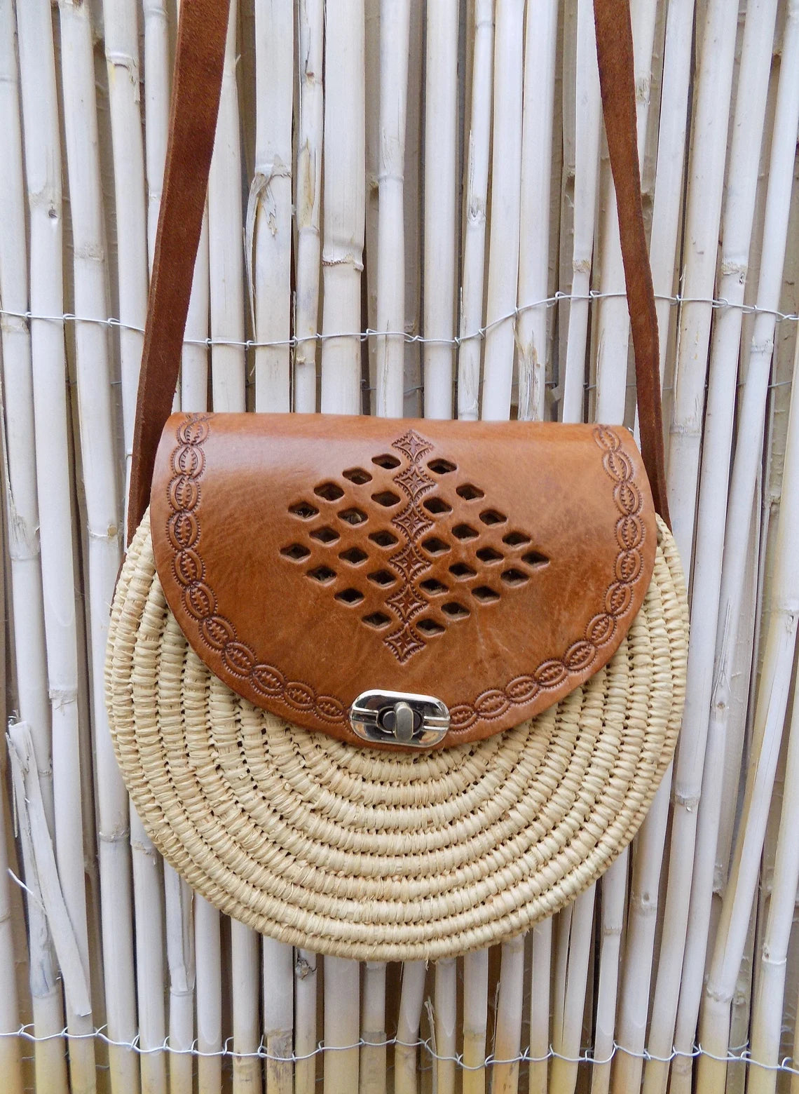 Raffia Bag, Crossbody Bag, Moroccan Raffia Handbag, Small Round Shoulder Bag, Boho Moroccan Handmade - Marrakesh Gardens