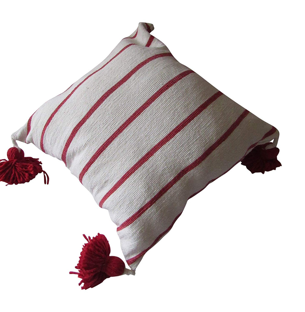 Marrakesh Gardens Authentic Moroccan Handwoven Pom Pom Pillow Cover, 18x18 Inches, Red and Cream - Marrakesh Gardens