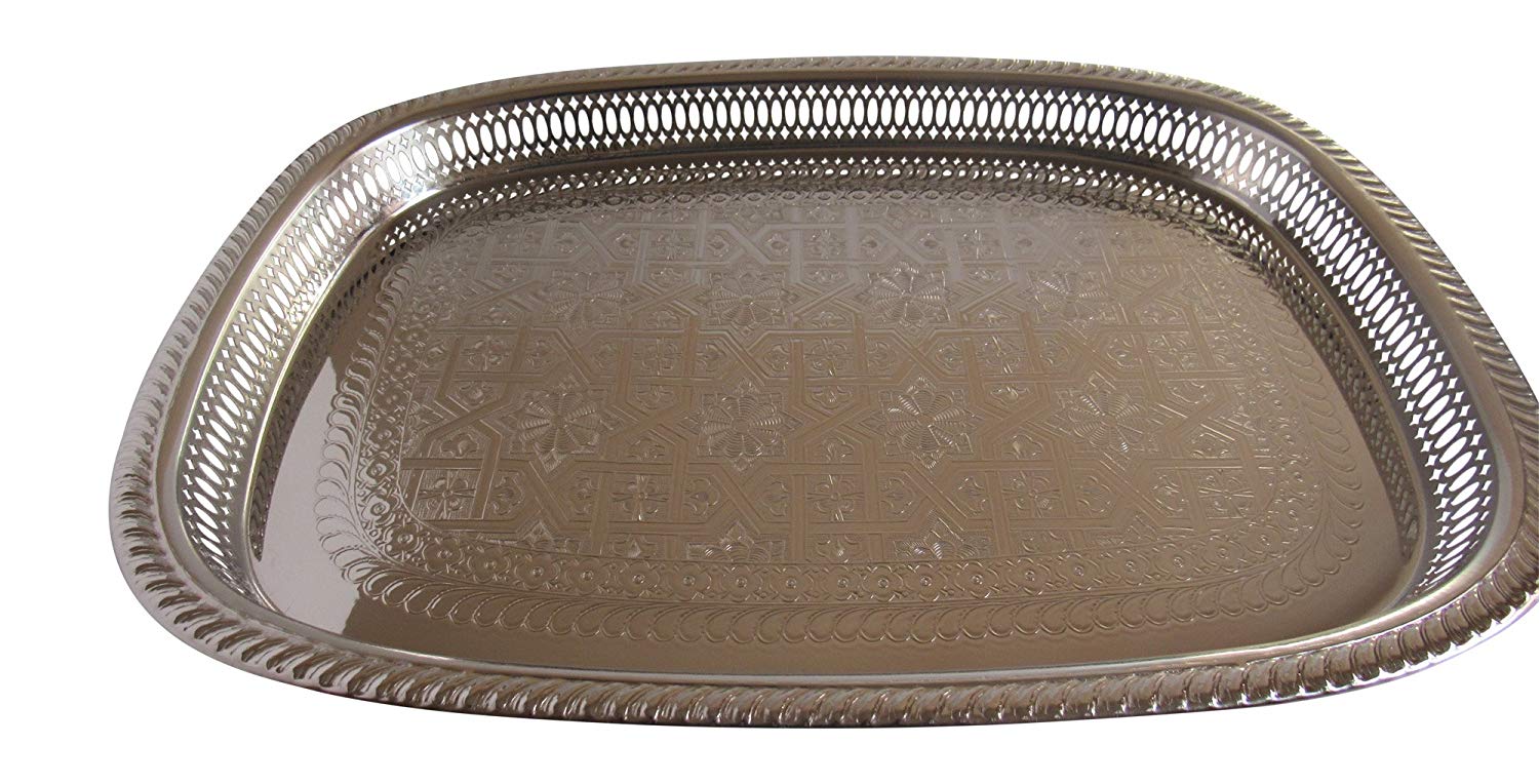 Vintage Styled Handmade Moroccan Silver Plated Rectangle Engraved Tea Tray, Medium 15.4x11.2 Inches - Marrakesh Gardens