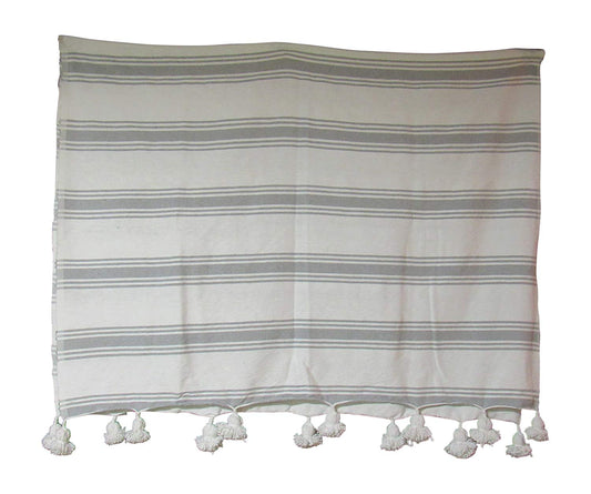 Handcraft Collection Handspun Moroccan Pom Pom Throw Blanket White with Grey Stripes, 100% Berber Wool, Handmade by Skilled Craftspeople, - Marrakesh Gardens