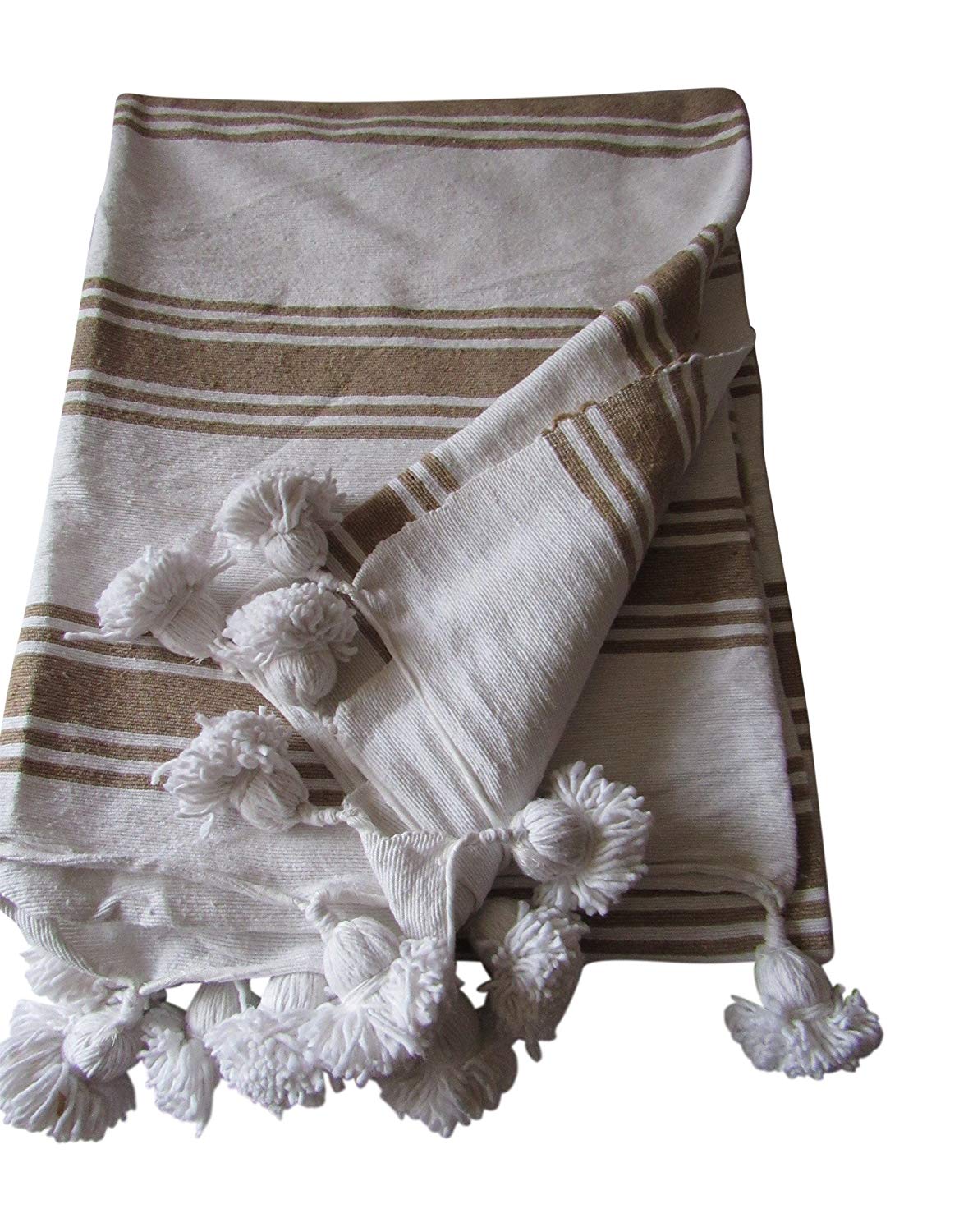 Handcraft Collection Handspun Moroccan Pom Pom Throw Blanket White with Grey Stripes, 100% Berber Wool, Handmade by Skilled Craftspeople, - Marrakesh Gardens