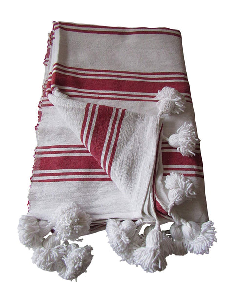 Handcraft Collection Handspun Moroccan Pom Pom Throw Blanket White with Red Stripes, 100% Berber Wool. - Marrakesh Gardens