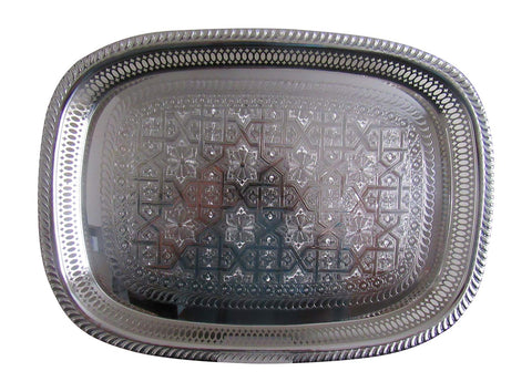 Vintage Styled Handmade Moroccan Silver Plated Rectangle Engraved Tea Tray, Medium 15.4x11.2 Inches - Marrakesh Gardens