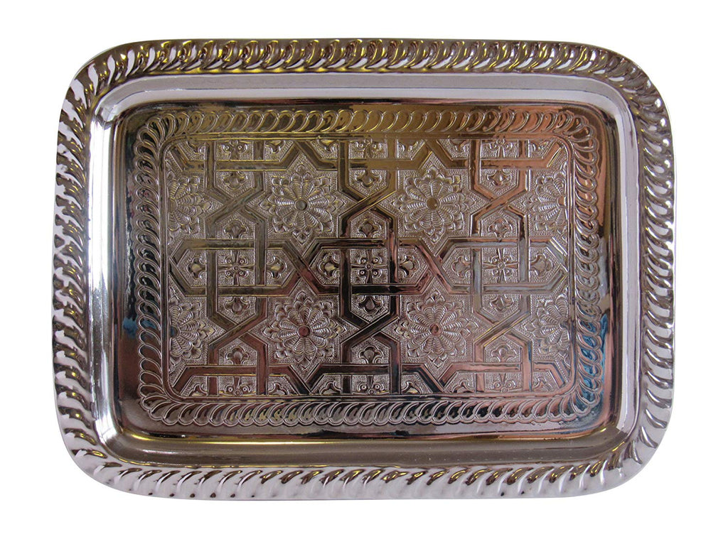 Vintage Styled Handmade Moroccan Silver Plated Rectangular Engraved Tea Tray, Small, 11.3x8.5” - Marrakesh Gardens
