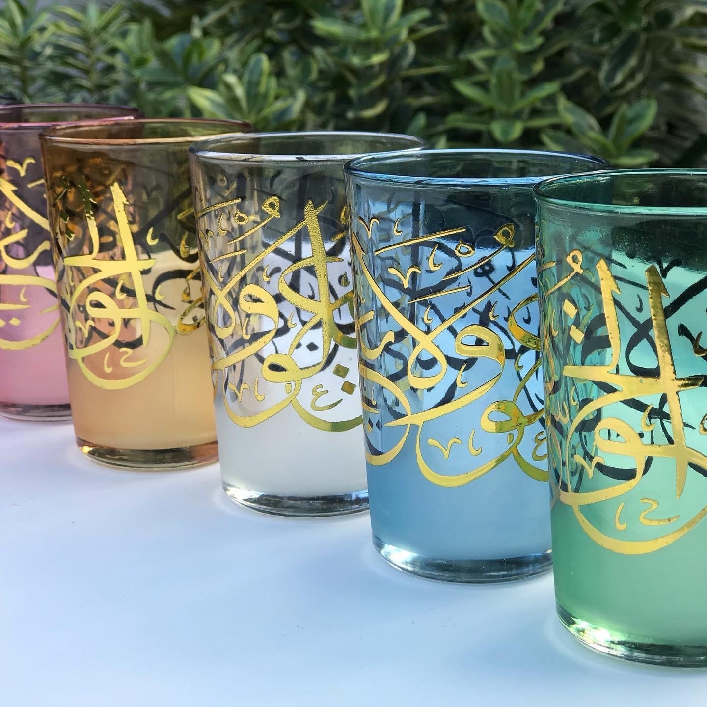 Moroccan Tea Glasses Blue & Gold Beautiful Classical Design Hand